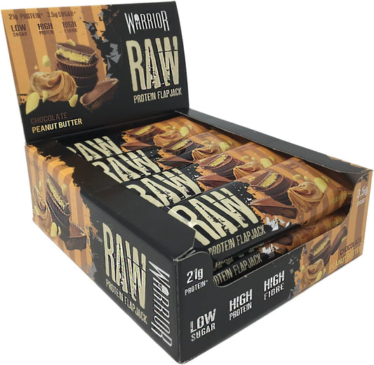 Warrior Raw Protein Flapjacks – 12 Bars x 75g Each – Packed with 20g of Protein – Low Sugar, High in Fibre (Chocolate Peanut Butter)