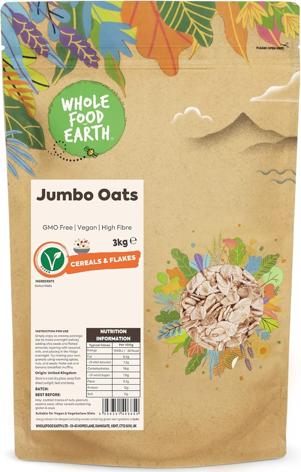 Wholefood Earth Jumbo Oats, 3 kg, Package May Vary