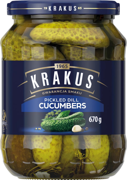 Krakus Pickled Dill Cucumbers - Sweet & Sour Taste - Crispy Gherkins - Delicious Condiment - Ready to Serve - 670g Glass Jar