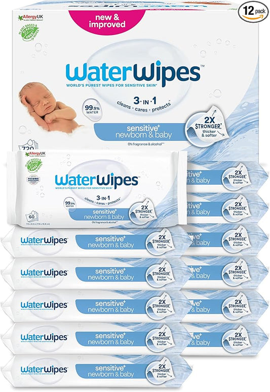 WaterWipes Sensitive+ Newborn & Baby Wipes, 720 Count (12 Packs)